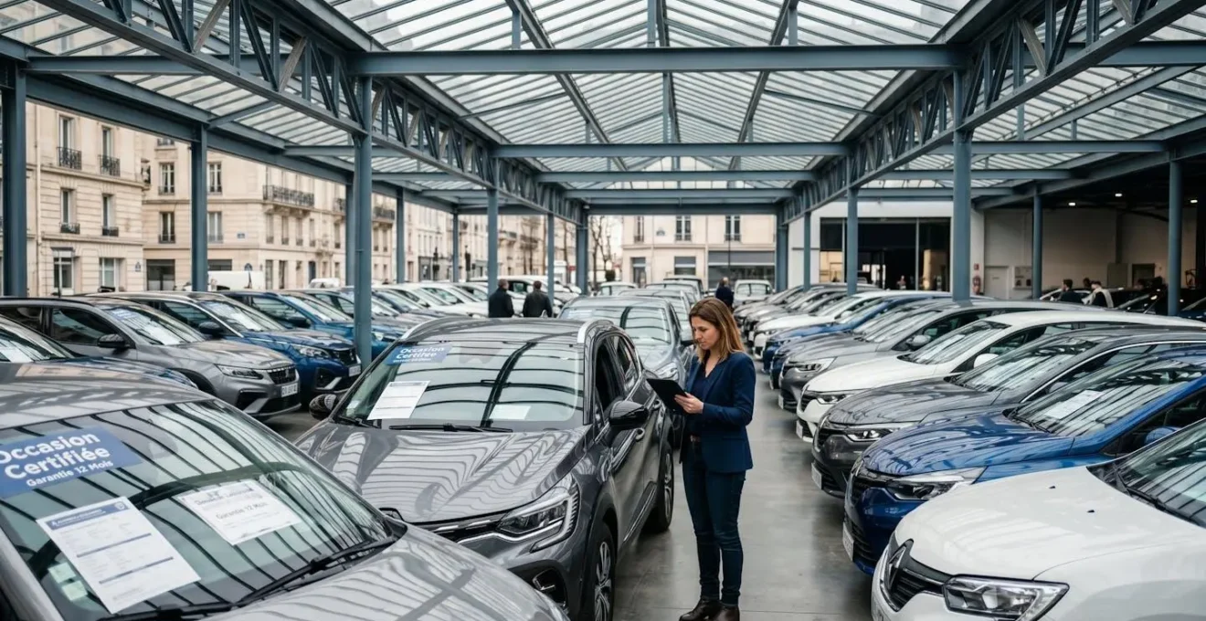 Large parc de véhicules d'occasion récents sous abri métallique moderne, femme consultant tablette devant rangée de voitures avec étiquettes certification françaises visibles sur pare-brise