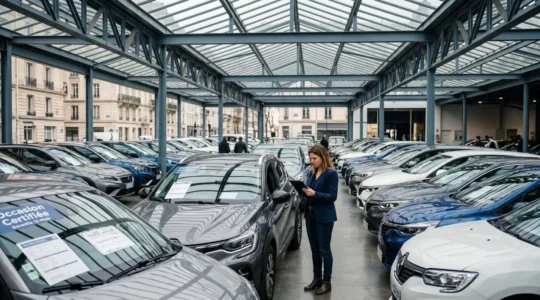Large parc de véhicules d'occasion récents sous abri métallique moderne, femme consultant tablette devant rangée de voitures avec étiquettes certification françaises visibles sur pare-brise